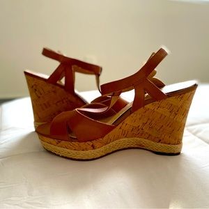 FRANCO SARTO Brown Leather Peep Toe Platform Wedges, Size 6, Gently Used